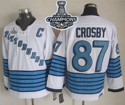 Penguins #87 Sidney Crosby White/Light Blue CCM Throwback Stanley Cup Finals Champions Stitched NHL Jersey - Click Image to Close